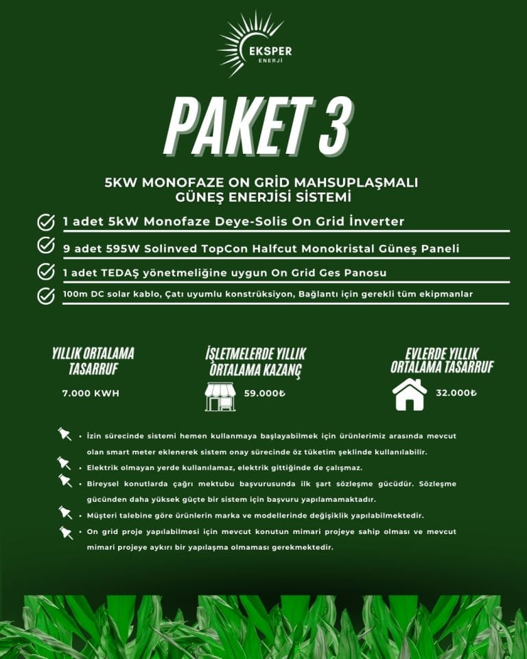 PAKET-3 5 KW MONOFAZE ON GRİD MAHSUPLAŞMALI GÜNEŞ ENERJİ SİSTEMİ