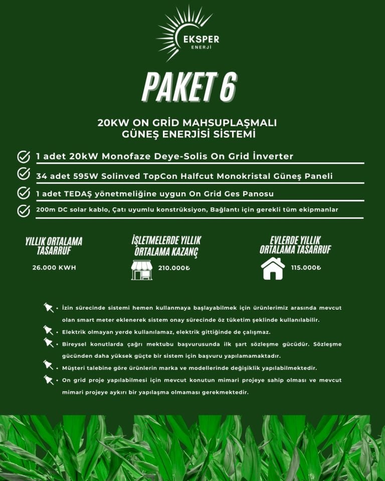 PAKET-6 20 KW ON GRİD MAHSUPLAŞMALI GÜNEŞ ENERJİ SİSTEMİ