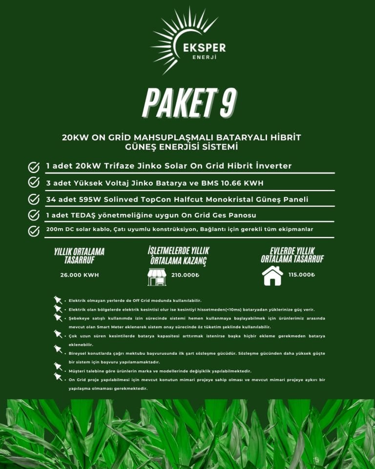 PAKET-9 20 KW ON GRİD MAHSUPLAŞMALI BATARYALI HİBRİT GÜNEŞ ENERJİ SİSTEMİ